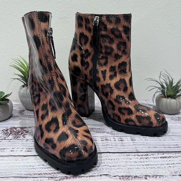 Schutz Animal Print Leopard Patent Leather Bootie with Lug Sole - Picture 8 of 9